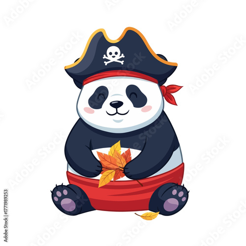 A cute cartoon panda bear dressed as a pirate with a skull and crossbones hat, holding autumn leaves while sitting.