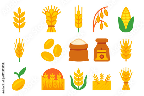 Bright Grain Icons. Flat vector icons of wheat and grains: wheat stalk, wheat sheaf bundle, barley stalk, oat stalk, rye stalk,