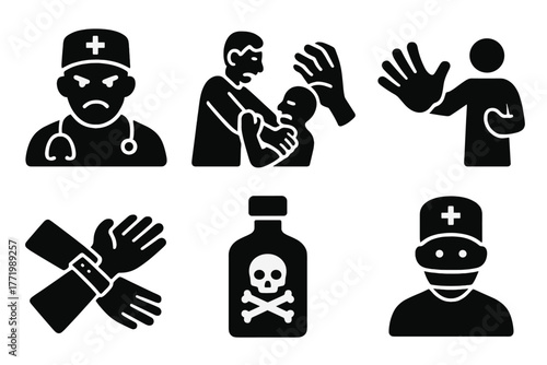 Aggressive Medical Icons. Solid style icons of aggressive medical practice: Doctor’s Glare, Resisted Patient, Harsh Hands,