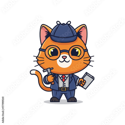 Cute cartoon orange cat detective with magnifying glass and notebook.