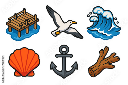 Oceanfront Icon Set. Isometric vector illustration set Oceanfront Icons: fishing pier, soaring seagull, foamy waves, clam shell,