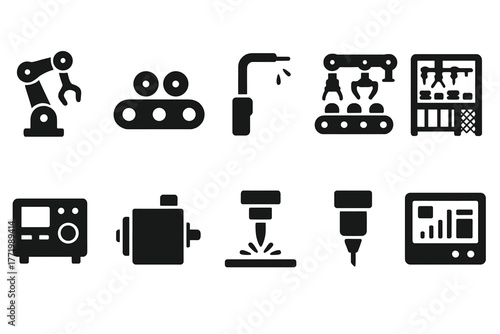 Industrial Robotics Icons. Solid style icons of industrial robotics: robotic arm, conveyor belt, welding torch, gripper, assembly