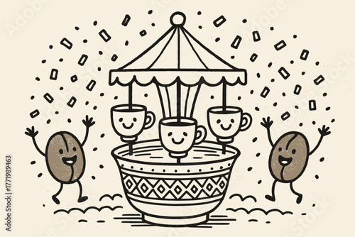Zarf Carousel Celebration. A doodle scene of a zarf-shaped carousel, with little coffee cups riding around, smiling beans tossing