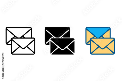 Stylized Mail Stack Icons. Minimalist mail stack icon: three identical stacks of two envelopes in a row, first in line style with