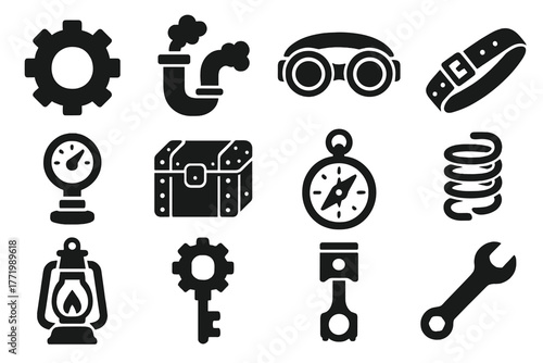 Steampunk Time Travel Icons. Solid style icons of steampunk time travel: brass gear, steam pipe, goggles, leather strap, pressure