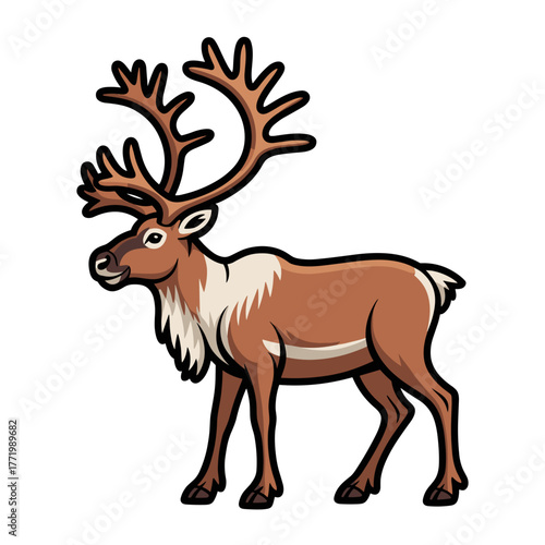 Cartoon reindeer standing with antlers, a hand-drawn illustration, on white background