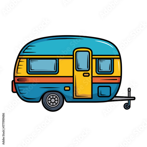 Colorful retro camper trailer with blue and yellow design, a hand-drawn illustration, on white background