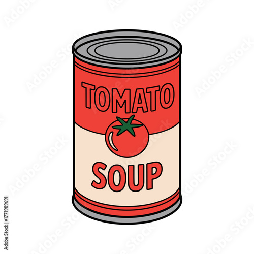 Canned tomato soup in red and cream packaging design, on a white background