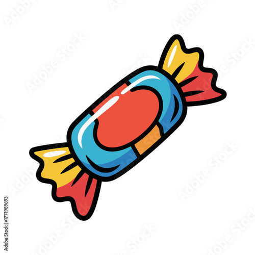 Colorful wrapped candy with red and yellow ends on white background, a hand-drawn illustration, copy space 