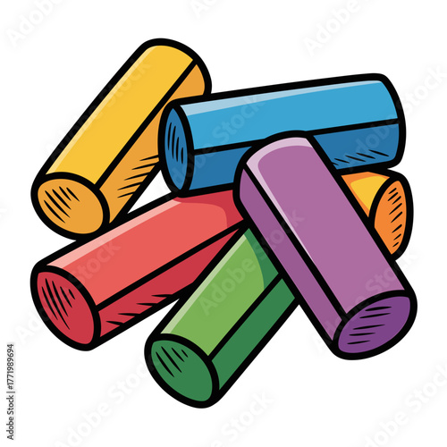 Colorful chalk sticks stacked, a hand-drawn illustration, on white background  