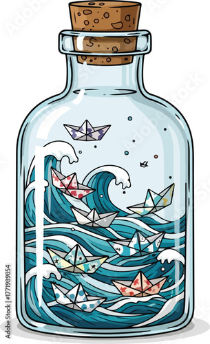 Paper Boats Sailing on a Stormy Wave Inside a Glass Bottle