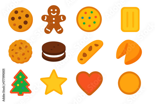 Colorful Cookie Icons. Flat vector icons of cookies: chocolate chip cookie, gingerbread man, sugar cookie, shortbread, oatmeal