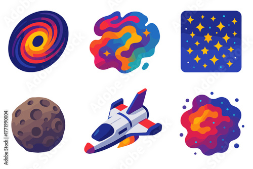 Galactic Wonders Icons. Isometric vector illustration set Deep Galaxy: black hole swirl, colorful nebula, star cluster, futuristic