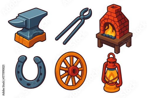 Village Blacksmith Icons. Isometric vector illustration set Village Blacksmith: rustic anvil, iron tongs, small forge, crafted