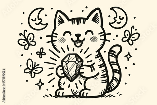Cheerful Cat's Glowing Gem. A doodle illustration of a cheerful cat holding a glowing gem with chatoyant shine, while tiny moons