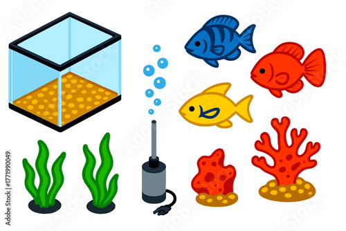 Aquarium Life Icons. Isometric vector illustration set Aquarium Life: glass tank, colorful fish, green seaweed, air bubbler,