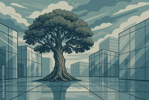 Ancient Tree in Modernity. Ancient lone tree standing in a modern glassy landscape under a cloudy sky, serene and bold, perfect