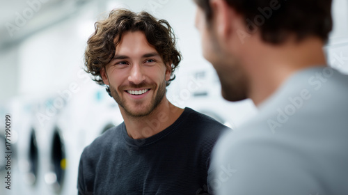 Two young men chatting and smiling while doing laundry at a modern laundromat casual atmosphere of friendship and everyday routine. laundromat, friends talking, laundry day, modern