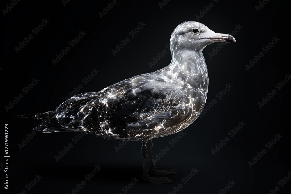 Obraz premium A seagull with a body made of reflective, metallic material, standing against a black background, blending natural and surreal elements.