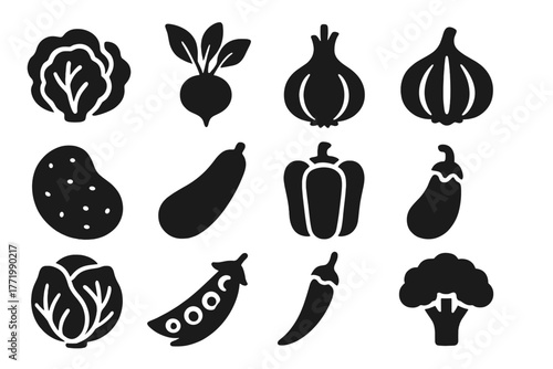 Solid Style Produce Icons. Solid style icons of gardening produce: lettuce head, radish, onion, garlic bulb, potato, zucchini,