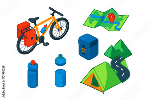 Bicycle Touring Adventure Icons. Isometric vector illustration set Bicycle Touring Adventure: touring bicycle, folded map, side