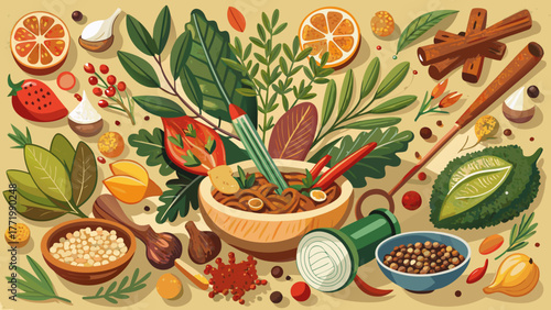 Very beautiful artistic composition of colorful spices and Mediterranean herbs, arranged creatively as a background for cooking, gastronomy, and food blogs, symbolizing flavor, aroma, and culinary ins