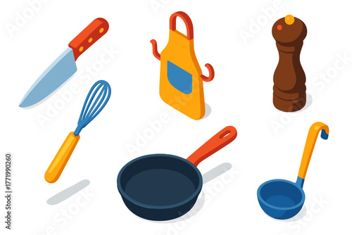 Colorful Kitchen Icons. Isometric vector illustration set Restaurant Kitchen: chef’s knife, baking whisk, apron hanging, pepper