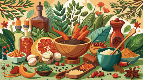 Very beautiful artistic composition of colorful spices and Mediterranean herbs, arranged creatively as a background for cooking, gastronomy, and food blogs, symbolizing flavor, aroma, and culinary ins