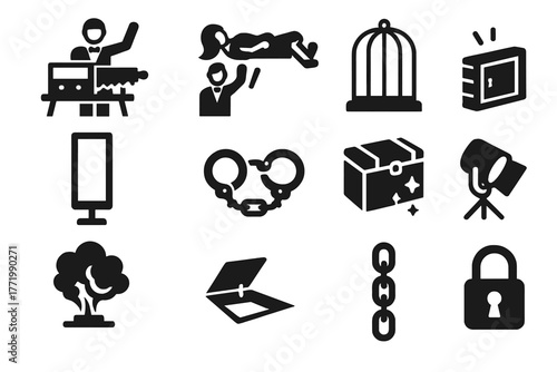 Stage Magic Icons. Solid style icons of stage illusions: sawing box, levitating assistant, vanishing cage, mirror trick, handcuffs