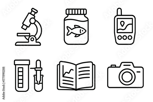 Marine Biology Tools. Line style icons of marine biology tools: microscope, specimen jar, water testing kit, GPS device, data