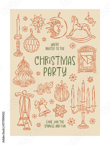 Holiday invitation design template. Whimsical Christmas doodle collection.