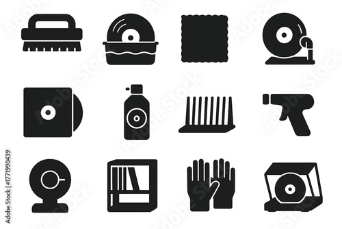 Vinyl Care Icons. Solid style icons of vinyl care: cleaning brush, record washer, microfiber cloth, stylus cleaner, protective