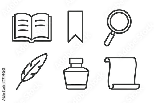 Reading Accessories Icons. Line style icons of reading accessories: open book, bookmark, magnifying glass, quill pen, ink bottle,