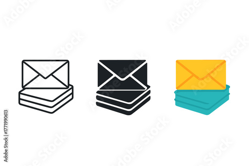 Stylized Mail Stack Icons. Minimalist mail stack icon: three identical stacks of two envelopes in a row, first in line style with