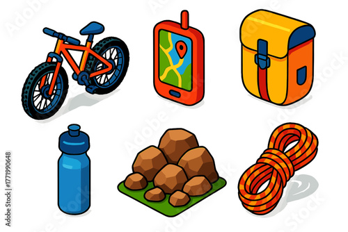 Extreme Bicycle Touring. Isometric vector illustration set Extreme Bicycle Touring: rugged mountain bike, GPS map, heavy pannier,