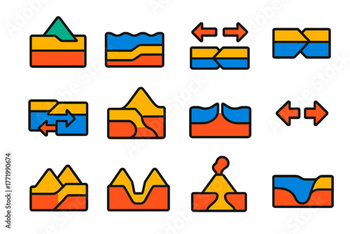 Tectonic Plates Icons. Flat vector icons of tectonic plates: continental plate, oceanic plate, convergent boundary, divergent