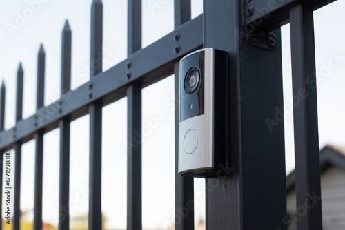 Modern smart doorbell attached to a tall black metal security fence close up