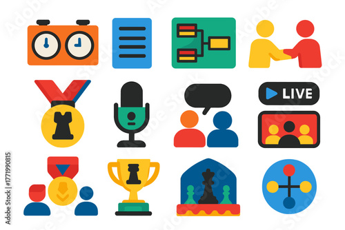 Chess Tournament Icons. Flat vector icons of chess tournaments: chess clock, score sheet, tournament table, player handshake,