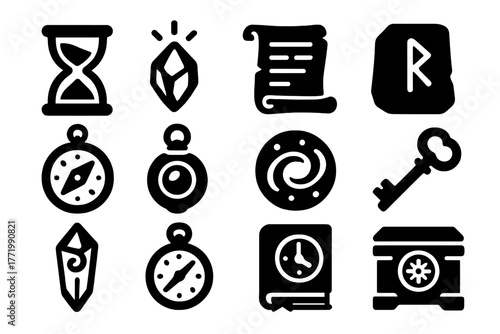 Temporal Artifacts Icons. Solid style icons of temporal artifacts: crystal hourglass, glowing stone, ancient scroll, rune tablet,