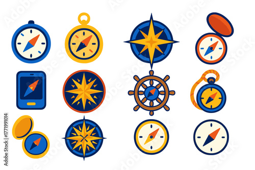 Colorful Nautical Compass Icons. Flat vector icons of nautical compasses: classic magnetic compass, brass compass, rose compass,