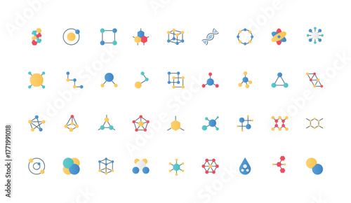 Molecular structure, model of atom and chemical formula in physics and chemistry color icon set. DNA and protein molecule, particles network and compound of ions flat elements vector illustration
