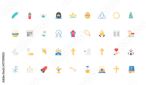 Christian religion and community, holy Bible book study and cross, church chapel and cathedral color icon set. Faith and god, missionary, religious prayer and calendar flat element vector illustration