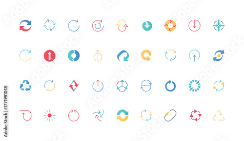 Round arrows to refresh and recycle, restart and reload, signs of loop shape color icon set. Arrows outwards and inwards from circle center, circulation and change flat elements vector illustration