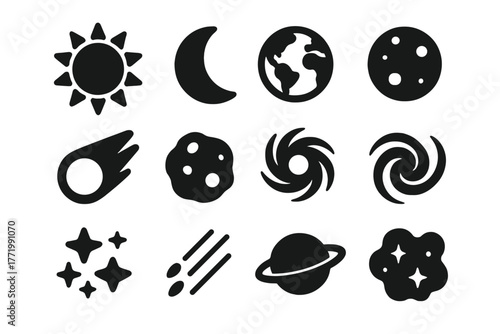 Celestial Icons Collection. Solid style icons of celestial bodies: sun, moon, earth, mars, comet, asteroid, black hole, galaxy