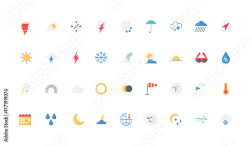 Weather forecast and meteorology, climate, rain and snow, Celsius and Fahrenheit temperature color icon set. Rainbow and wind, cloud with drops and storm, seasons flat elements vector illustration
