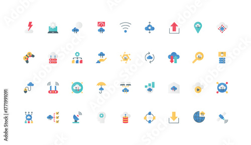Cloud services, hardware and network model color icon set. SaaS, domain and hosting, virtual platform to compute and control data allocation, sharing and upload flat elements vector illustration