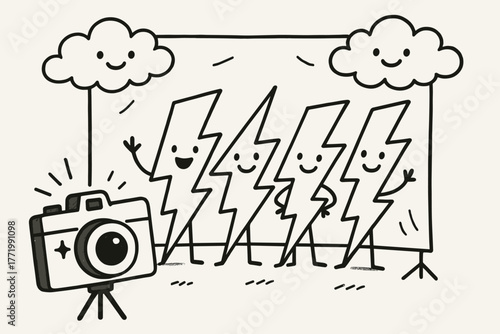 Lightning Doodle Photo. A doodle illustration of lightning bolts posing for a photograph, with the keraunograph acting as a