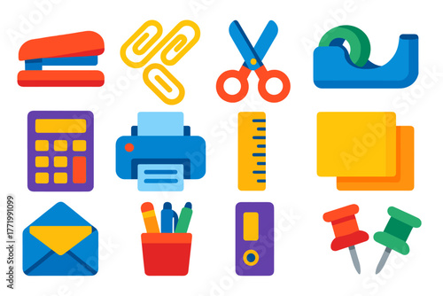 Vibrant Office Icons. Flat vector icons of office supplies: stapler, paper clips, scissors, tape dispenser, calculator, printer,