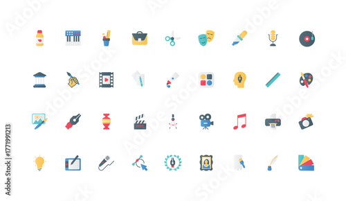 Creation of creative multimedia art content color icon set. Author and artist create portfolio, edit music and photo, film and image artworks with online tools flat elements vector illustration