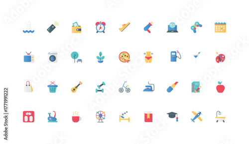 Daily routine, everyday life schedule and lifestyle color icon set. Calendar, sleep in bed and wake up, walk and study with book at home, bath time and shopping flat elements vector illustration